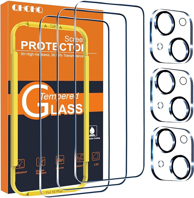 QHOHQ 3 Pack Screen Protector for iPhone 15 Plus [6.7 Inch] with 3 Pack Camera Lens Protector, Tempered Glass Film, HD Clear, 9H Hardness, No Bubbles, Case Friendly by QHOHQ