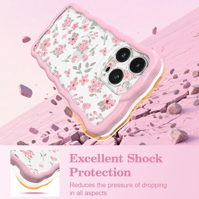QLTYPRI for iPhone 15 Pro Pink Flower Case, Clear Cute Pink Floral Flower Phone Case Curly Wavy Aesthetic Phone Cover, Soft Slim Transparent TPU Shockproof Protective Cover for Women Girls - Pink - Image 4