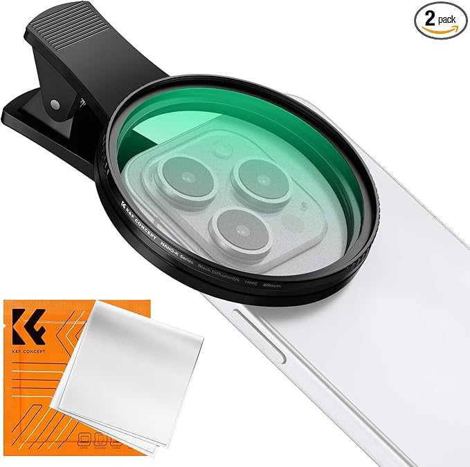 K&F CONCEPT 67mm Clip-on Black Diffusion 1/4 Phone Camera Lens Filter Kit | Mist Cinematic Effect Filter Compatible with iPhone 16 15 14 13 12 11, for Video/Vlog/Portrait Photography, FP101 by KFCONCEPT