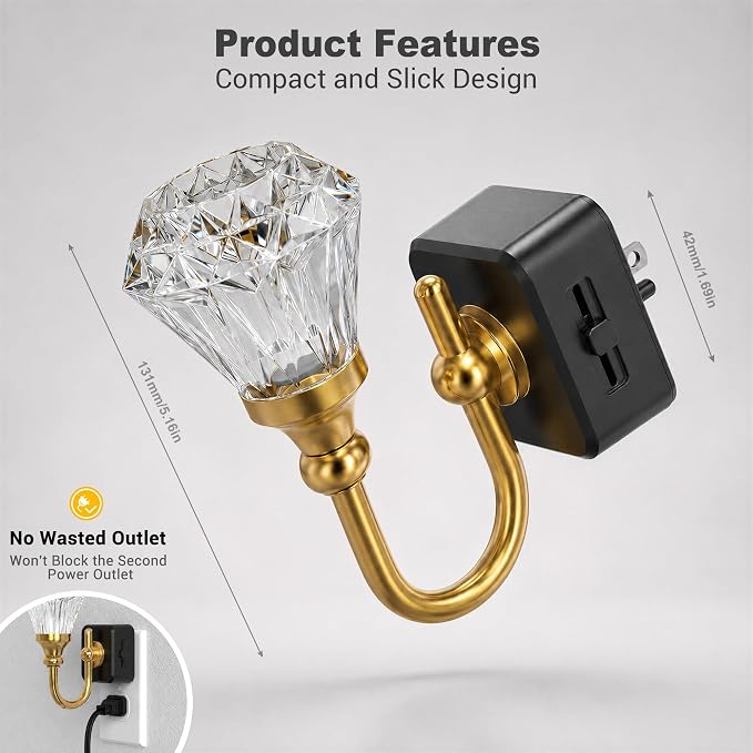 JandCase Night Light, Night Lights Plug into Wall, Crystal LED Nightlight | 0-100 LM Dimmable Nightlights, Dusk to Dawn Sensor, 1W Vintage Rotatable Nite Light for Bathroom Hallway Decor, 2 Pack - Image 6