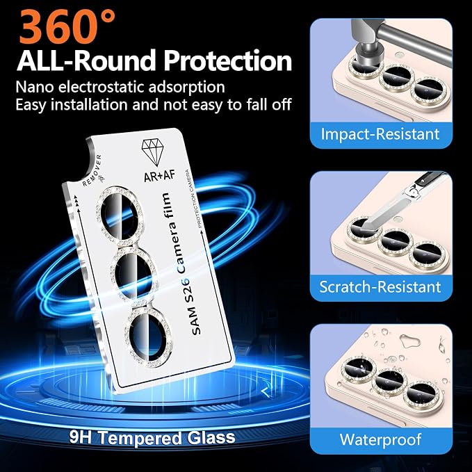 for Samsung Galaxy S26 Camera Lens Protector, Individual Metal Ring Tempered Glass Lens Cover, [Strong Adsorption] Scratch Resistant Ultra-Thin HD Clear Lens Cover, 1 Set-Titanium Gold Diamond - Image 2