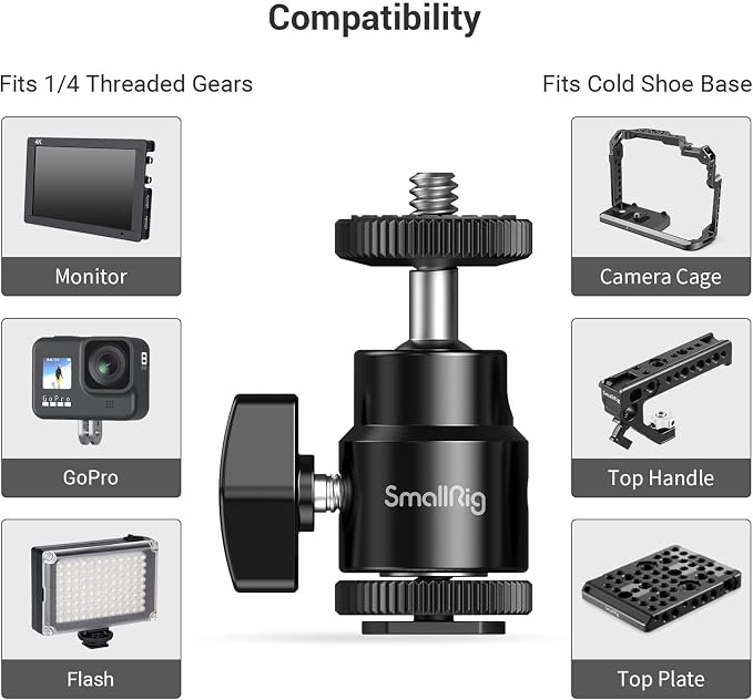 SmallRig 1/4" Camera Hot Shoe Mount, Ballhead Tripod with Additional 1/4" Screw, 2pcs Pack - 2059 | 1/4" Screw to Hot Shoe Adapter, Ballhead for 360° Adjustment, Includes Extra 1/4" Screw, 2pcs, Maximum Load 3kg - Image 6