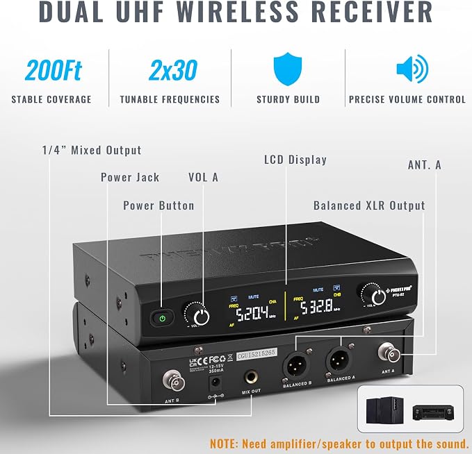 Phenyx Pro Dual UHF Tunable Freq Wireless Microphone System PTU-52-1H1B | 2 x 30 Tunable Fre, 200 ft Range, 2 Headset/Lapel Mics, Metal Cordless Mic for Singing, Karaoke, Church, Wedding, DJ Events - Image 2