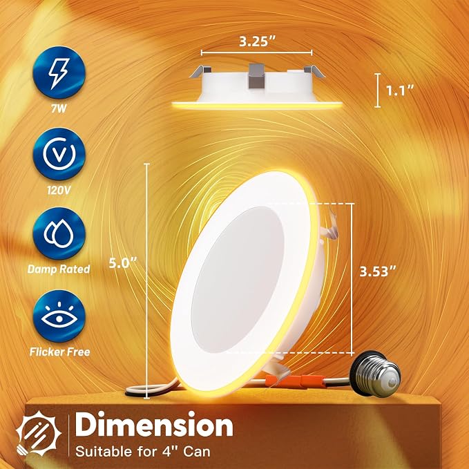 FREELICHT 24 Pack 4 Inch 5CCT LED Recessed Lighting with Night Light | 2700K/3000K/4000K/5000K/6000K Selectable,Dimmable Retrofit Flat Can Lights, 700LM ,7W, IC & Damp Rated, ETL & FCC - Image 7