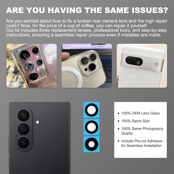 3-Pack Rear Camera Lens Glass Replacement Kit Compatible with Galaxy Z Fold 7, with Pre-Cut Tape + Repair Tools + Instruction Manual - Image 5