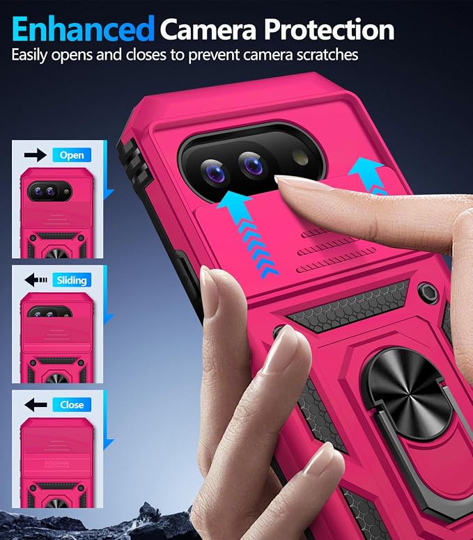 Taisairu for Google Pixel 9A Case with Screen Protector & Slide Camera Lens Cover,Built-in 360°Rotate Magnetic Ring Stand Shockproof Protective Phone Case for Google Pixel 9A Case(Hot Pink) - Image 6