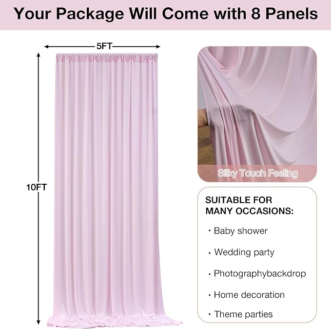 40ftx10ft Wrinkle Free Light Pink Backdrop Curtains for Parties, Silky Polyester Photo Backdrop Drapes 8 Panels 5x10ft Back Drop Cloth for Wedding Birthday Baby Shower Photography Background - Image 6