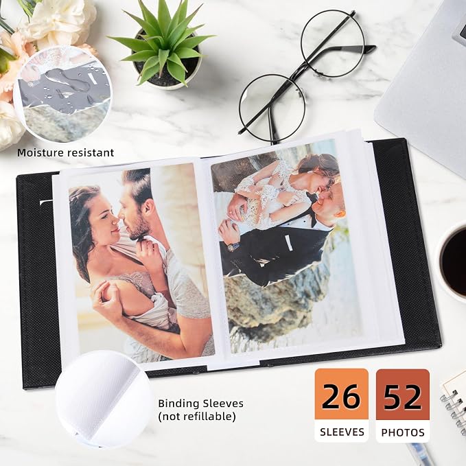 RECUTMS Small Photo Album 4x6 52 Photos Leather Photobook for Wedding Black | White Inner Page, 52 Vertical Pockets, Mini Pictures Album for Artwork, Postcards, Family, Baby Memory Book with Front Window - Image 4