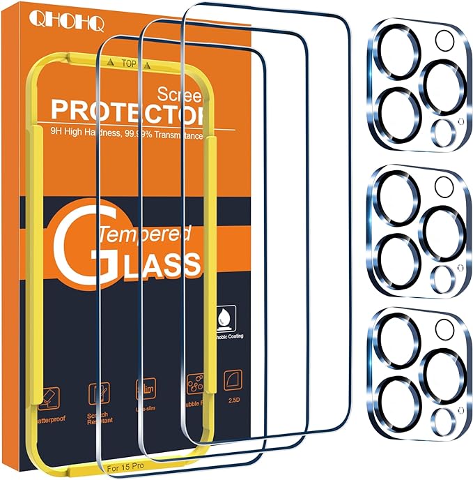 QHOHQ 3 Pack Screen Protector for iPhone 15 Pro [6.1 Inch] with 3 Pack Camera Lens Protector, Tempered Glass Film, HD Clear, 9H Hardness, No Bubbles, Case Friendly by QHOHQ