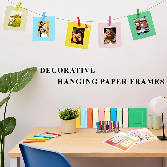 2x3 Picture Hanging Paper Frames with Stickers for Instax Mini Films | 20 Frames with Clips & String, 20 Border Stickers, 20 Photo Protector Perfect for 54x86mm Polaroid Mini Photo,Colorful & Cute - Image 6