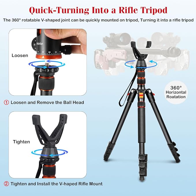2 in 1 Camera Tripod & Hunting Stand Foldable, 68" Ball Head Tripod for Camera and Phone, Heavy Duty Tripod for DSLR Camera Lasers Binoculars Telescope Spotting Scope, Min Size 16.5" with Bag - Image 6