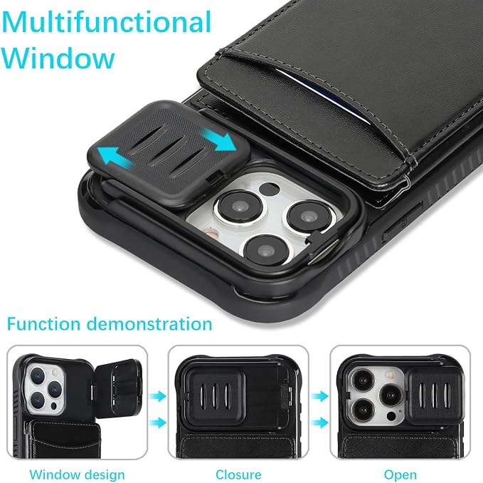 Cavor for iPhone 15 Pro Max Wallet Case with Card Holder, Black | Slide Camera Control Cover, PU Leather Kickstand Stand Protective Phone Case for Women Men - Image 3
