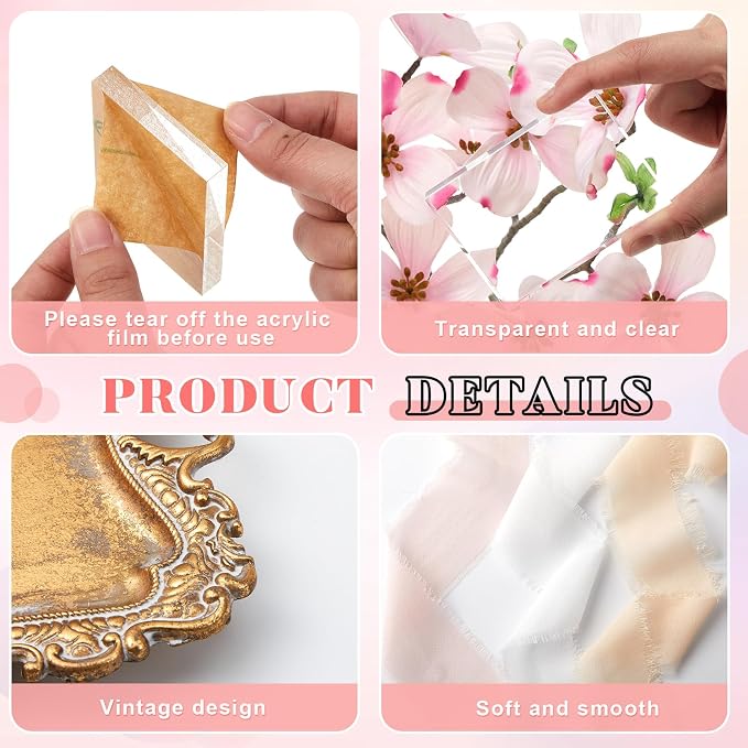 Cinnvoice 8 Pcs Flat Lay Photography Props Set for Jewelry & Wedding Details, Vintage Jewelry Tray, Acrylic Display Blocks, Chiffon Silk Ribbon for Bridal Party Decor Gift(4 Square Bases) - Image 5