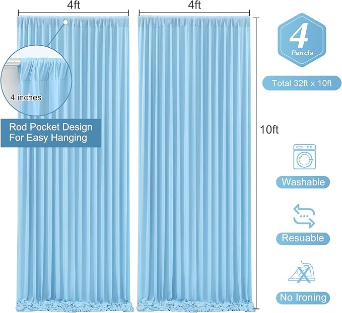 Blue Backdrop Curtains 4 Panels - Wrinkle-Free Light Blue Curtains Polyester Photography Drapes Photo Background for Baby Shower Birthday Party Decorations- 16 X10FT (Blue) - Image 3