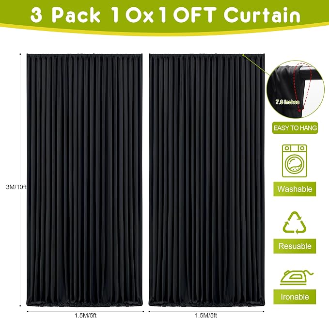 Black Backdrop Curtain for Parties Backdrop Drapes, 3Pack 10x10FT | Wrinkle Free Polyester Curtain Backdrop Draping Fabric for Backdrop Photoshoot Birthday Party Background,6 Panel 5x10FT - Image 2
