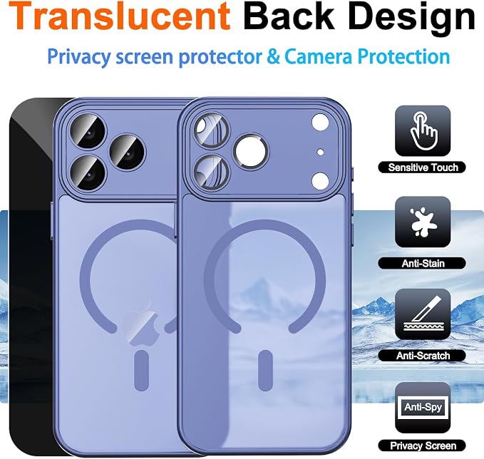 for iPhone 17 Pro Case with Privacy Screen Protector, Light Blue | Full Camera Protection, Compatible with MagSafe, Magnetic Translucent Matte Shockproof Phone Cover for iPhone 17 Pro - Image 2