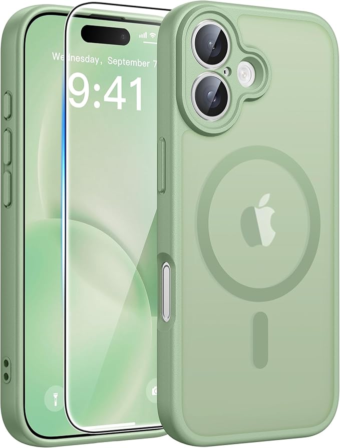 FNTCASE for iPhone 16 Case, Fit for Magsafe, Screen Protector, Light Moss | Full Camera Protection, Translucent Matte, 14FT Military Grade Drop Proof, Shockproof Protective Phone Cover by FNTCASE