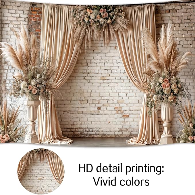 10X6.5ft Boho Floral Wedding Backdrop Vintage Flowers Brick Wall Background Photography Backdrops for Parties Wedding, Girls Birthday Princess Weeding Bridal Shower Floral Anniversary Ceremony Decor - Image 5