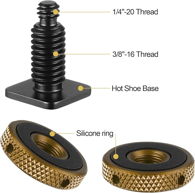 MINIFOCUS Camera Hot Shoe Mount Adapter, Double Nut with 1/4" and 3/8" Aluminum Alloy Tripod Screw Flash Shoe Mount for LED Monitors, Microphone, DSLR Field Monitor (Pack of 2) | Double Nut with 1/4" and 3/8" Aluminum Alloy Tripod Screw Flash Shoe Moun... - Image 2