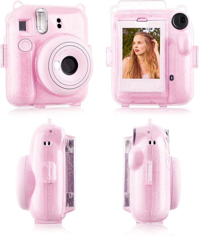 Rieibi Clear Case Compatible with Fuji Instax Mini 12 - Glitter Case Bag for Fujifilm Instax Mini 12 Instant Camera with Back Pocket, Strap and Photo Album - Glitter Pink - Image 3