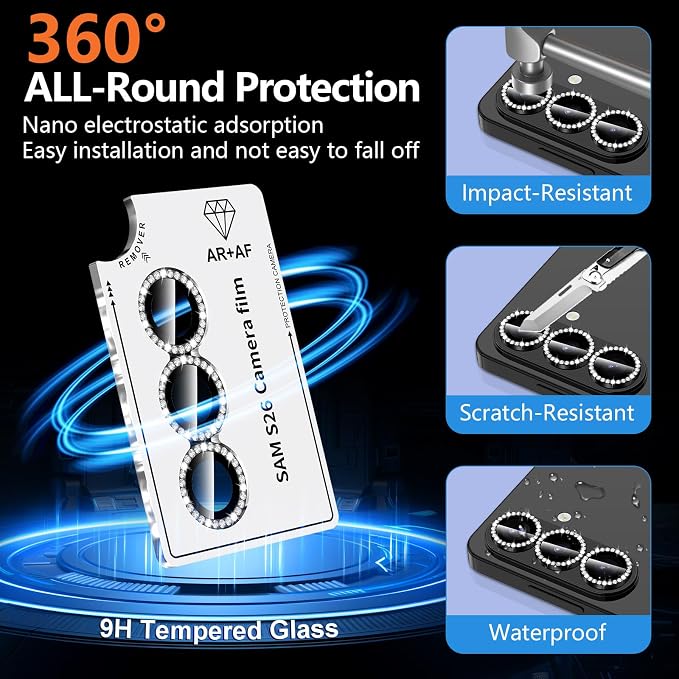for Samsung Galaxy S26 Camera Lens Protector, Individual Metal Ring Tempered Glass Lens Cover, [Strong Adsorption] Scratch Resistant Ultra-Thin HD Clear Lens Cover, 1 Set-Black Diamond - Image 2