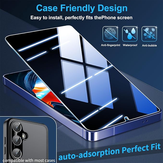 firtstnow 3 Pack Privacy Screen Protector for Samsung Galaxy S26 Tempered Glass + 2 Pack Camera Lens Protector, True 25°Anti Spy, 9H+ Hardness, Fingerprint Unlock, Case Friendly Bubble-Free 6.3 Inch - Image 7