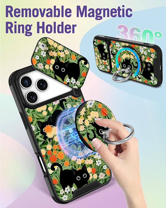 Buleens for iPhone 17 Pro Case 6.3 Inch - with Ring Stand & Camera Cover Aesthetic Cute Designed for Women Girls Pretty Girly Cat Flowers Phone Case for iPhone 17 Pro Compatible with Magsafe - Image 5