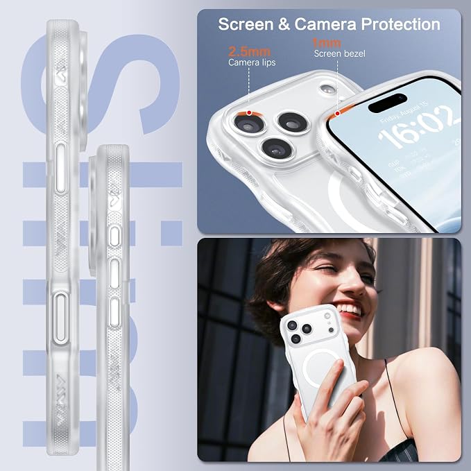 BENTOBEN Magnetic for iPhone 17 Pro Max Case, Cute Wavy [Full Camera Protection][Compatible with MagSafe] Matte Anti-Slip Bumper Women Girls Boys Protective Cover for 17 ProMax 6.9", Clear White - Image 6