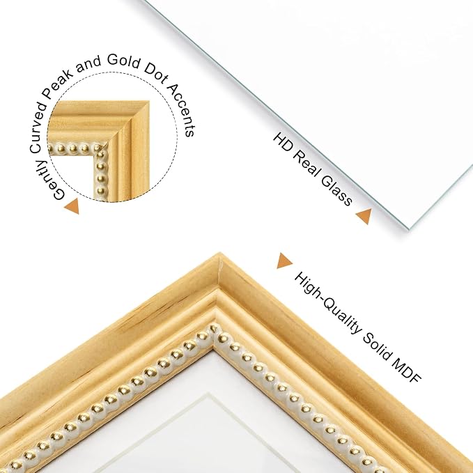 5x7 Picture Frame in Nature with Gold Beaded Border, Pine Wood with Real Glass, Display 5x7 Photos Matted to 4x6, Vertical and Horizontal Desk Tabletop or Wall Hanging - Image 4