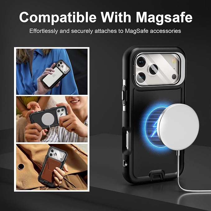 Follaroma Magnetic for iPhone 17 Pro Max Case with Camera Cover Stand,Black | Built-in Glass Camera Cover Stand,Compatible with MagSafe,Heavy Duty Shockproof Protective,Military-Grade Anti-DropDual Case - Image 4