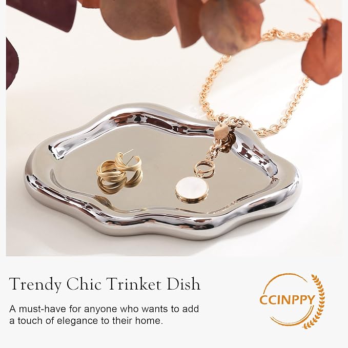 CCINPPY Ceramic Cloud Jewelry Tray Trinket Dish Key Bowl Nightstand Decor | Decorative Small Desk Tray Jewelry Plate Key Holder Bowl Cute Bedroom Room Decor Aesthetic, Gift for Women, Silver Medium - Image 4