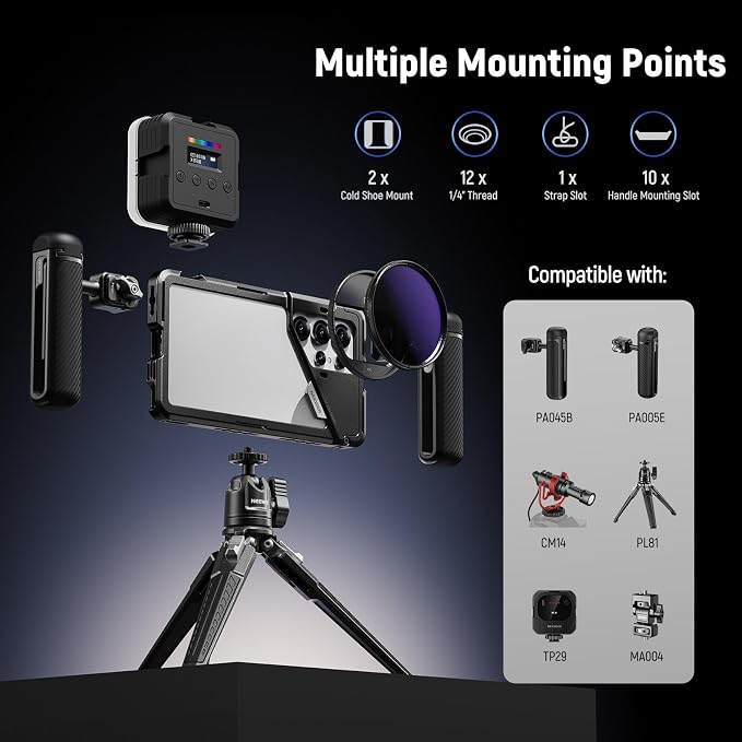 NEEWER S25 Ultra Phone Cage, Mobile Video Rig Phone Stabilizer with 67mm Filter Adapter, 17mm Lens Backplate, T Mount Adapter Compatible with Moment Samsung Galaxy S25 Ultra, 1x Cleaning Cloth, PA082 - Image 5