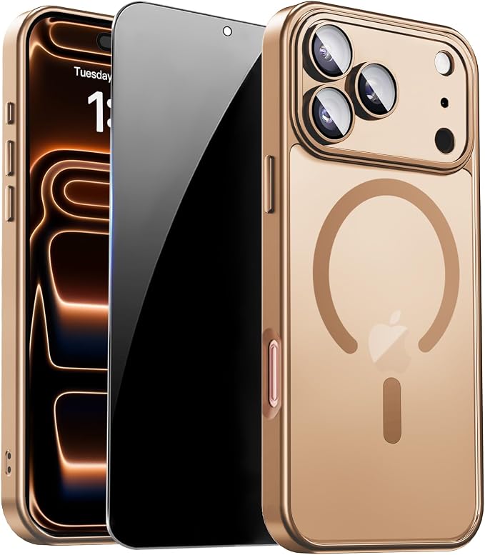 for iPhone 17 Pro Case with Privacy Screen Protector, Brown | Full Camera Protection, Compatible with MagSafe, Magnetic Translucent Matte Shockproof Phone Cover for iPhone 17 Pro by ZOZDOKG