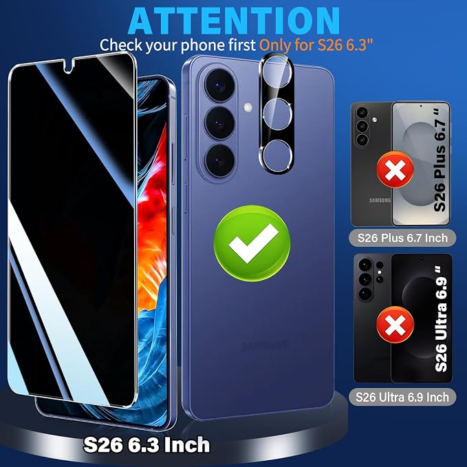firtstnow 3 Pack Privacy Screen Protector for Samsung Galaxy S26 Tempered Glass + 2 Pack Camera Lens Protector, True 25°Anti Spy, 9H+ Hardness, Fingerprint Unlock, Case Friendly Bubble-Free 6.3 Inch - Image 2