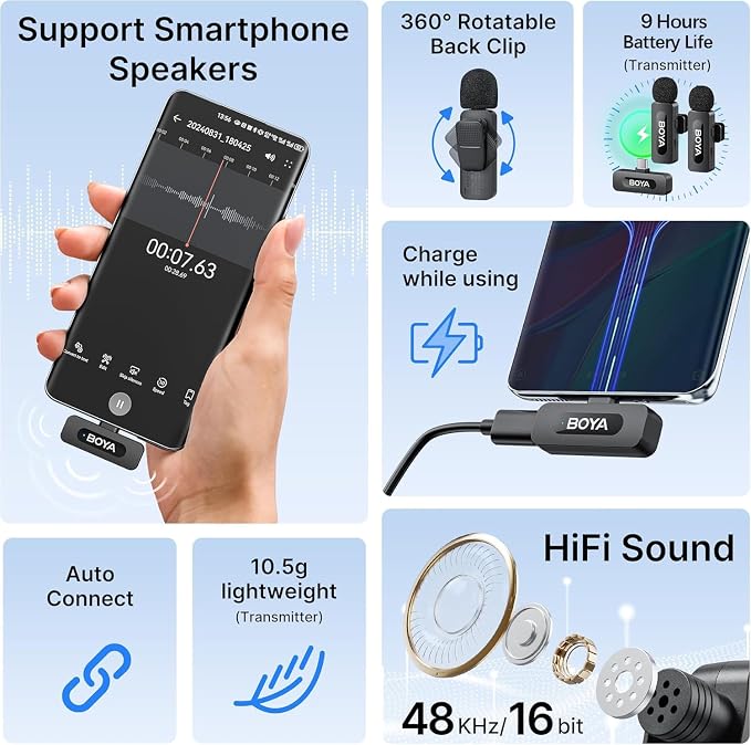BOYA BY-V20 USB-C Wireless Microphone for Android Type-C,iPhone 16/15,328FT Los Range,9H Battery,Noise Reduction Mini Wireless Lavalier Lapel Mics for Interview YouTube TikTok(2TX+1RX) - Image 3