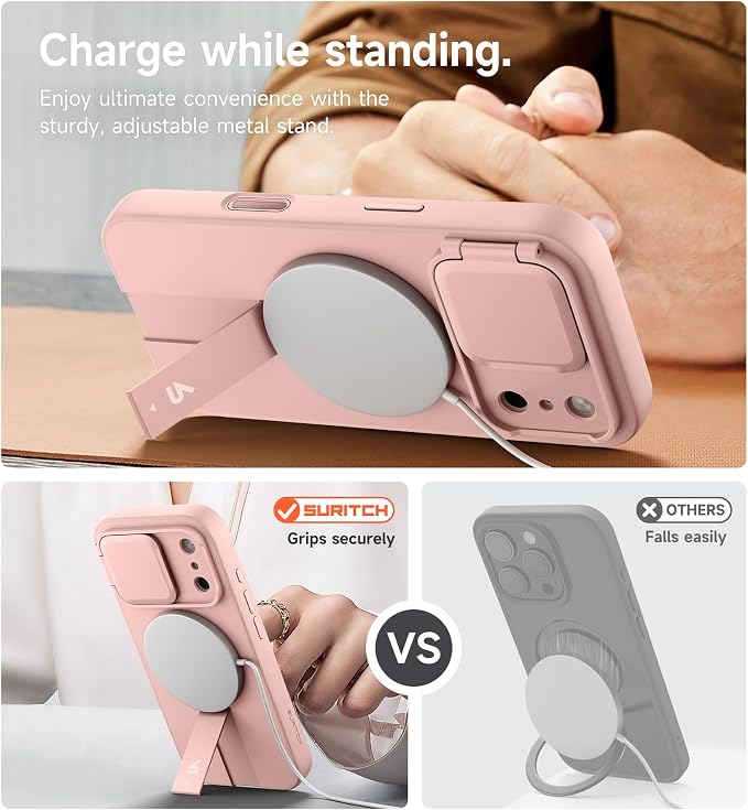 SURITCH for iPhone 17 Pro Max Case with Camera Control Cover, Camera Cover and Adjustable Kickstand, Compatible with MagSafe, Shockproof Bumper Protective Cases 6.9 Inch, Pink - Image 5