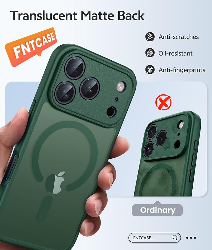 FNTCASE for iPhone 17 Pro Max Case, Fit for Magsafe, Screen Protector Green | Full Camera Protection, Translucent Matte, 14FT Military Grade Drop Proof, Shockproof Protective Phone Cover, Green - Image 6