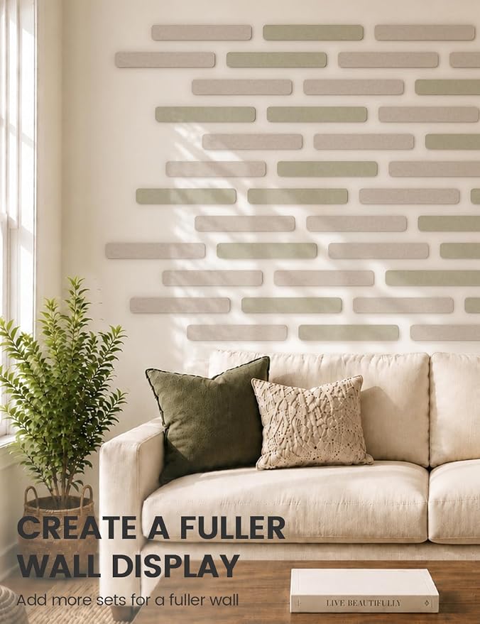 Fluxynara 13" x 2" Felt Wall Panels, Oatmeal | 5-Pack Includes 35 Push Pins and Adhesive Tabs for Photos, Notes and Decor in Bedroom Doors, Home Office or Studios - Image 7
