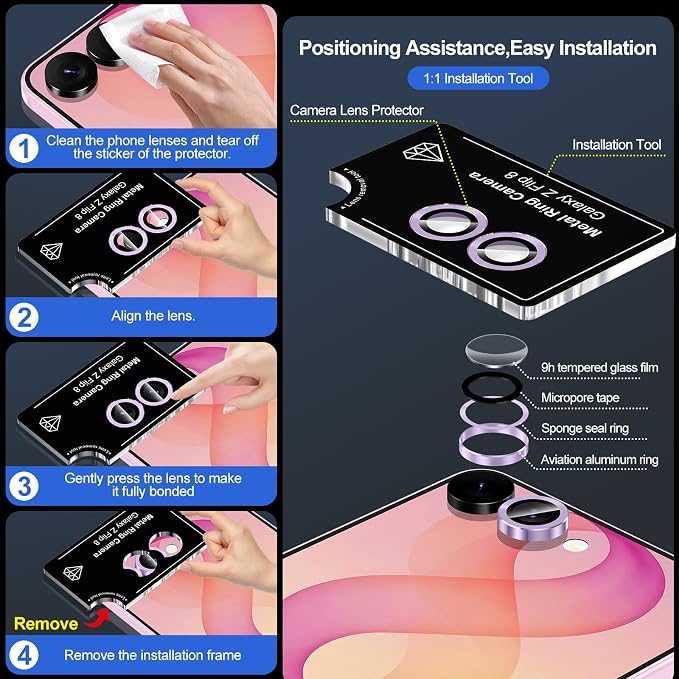 for Samsung Galaxy Z Flip 8 Camera Lens Protector, Individual Metal Ring Tempered Glass Lens Cover, [Strong Adsorption] Scratch Resistant Ultra-Thin HD Clear Lens Cover, 1 Set-Purple - Image 7