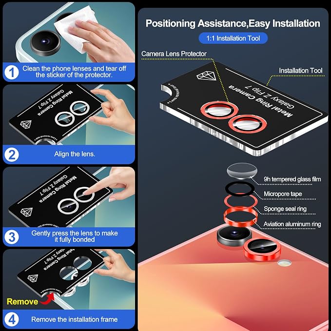 for Samsung Galaxy Z Flip 7 Camera Lens Protector, Individual Metal Ring Tempered Glass Lens Cover, [Strong Adsorption] Scratch Resistant Ultra-Thin HD Clear Lens Cover, 1 Set-Red - Image 6
