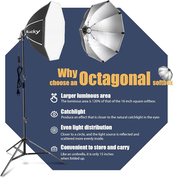 EZLucky 2-Pack 20" Octagonal Softbox Lighting Kit with 85W LED Bulbs | Two softbox lights with remotes and adjustable stands for portraits, videos, interviews, and product photography - Image 7