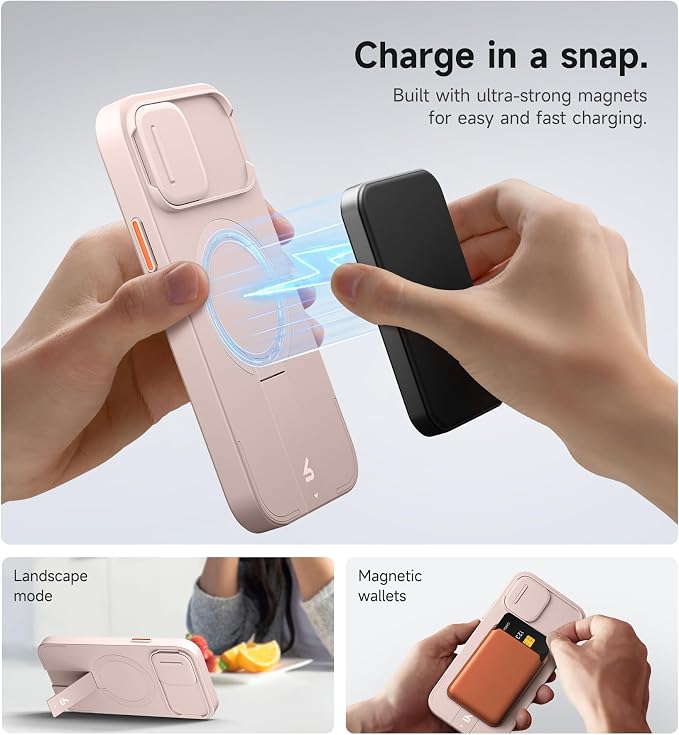 SURITCH for iPhone 12/12 Pro Case with Magnetic Camera Slide Cover and Adjustable Kickstand, Compatible with MagSafe, Shockproof Bumper Case Slim Protective Cover for iPhone 12/12 Pro 6.1 Inch, Pink - Image 3