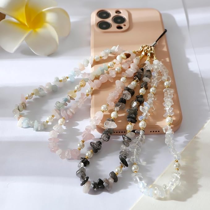 Phone Chain Phone Wrist Strap Natural Gemstone Phone Charms Cell Phone Lanyard Beaded Phone Strap for Women Girls(White) - Image 5