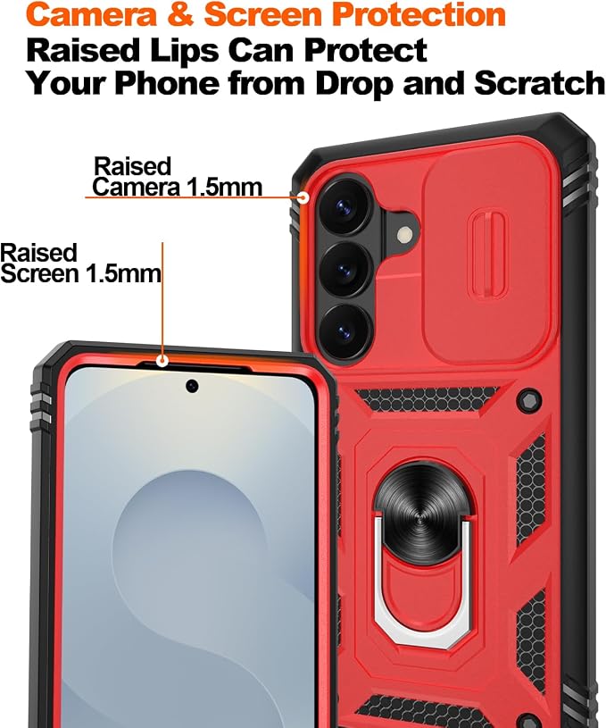 Gritup for Samsung Galaxy S26 Case with Slide Camera Cover | 2*Screen Protector, Build in 360° Rotating Ring Kickstand, Military Grade Protective Cover for Samsung S 26, Red+Black - Image 5