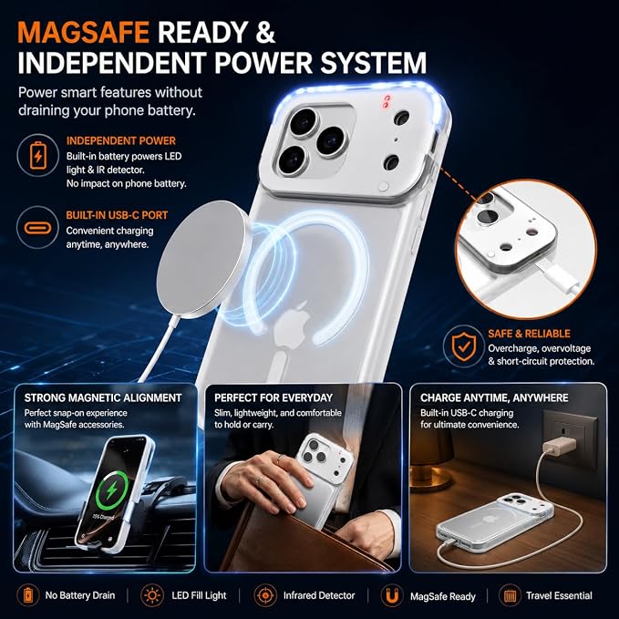 tesha Selfie Light Case for iPhone 17 Pro Max, MagSafe, Camera Detector | 2-Level LED Brightness, IR Hidden Camera Scanner, Drop Protection, Rechargeable Light Up Cover, No APP Needed for Video Vlog - Image 4