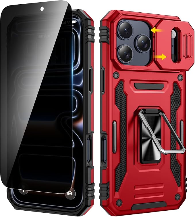VEGO for iPhone 17 Pro Max Case with Slide Camera Cover and Kickstand Red | Privacy Tempered Glass Screen Protector & Ring Kickstand Military Grade Protection Cover for iPhone 17 ProMax - Red by VEGO