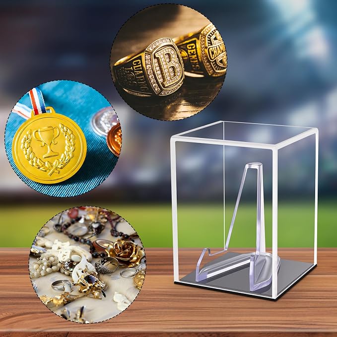Clear Acrylic Championship Ring Display Case with Black Base, Memorabilia Stand Cube Holder, Dust Protective Transparent Storage Box for Single Rings Souvenir Ring Collections - Image 8