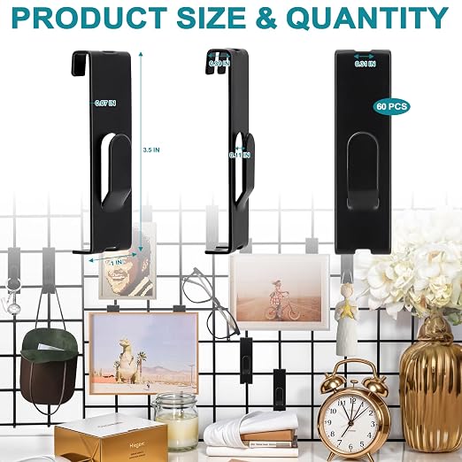 60 Pcs Grid Hooks for Wall, Metal Gridwall Picture Hooks for Display Panels | Gridwall Shelf Accessories Hanger Hooks, Slat Notch Hooks for Art, Clothes, Painting, Photography, Canvas Display Black - Image 2