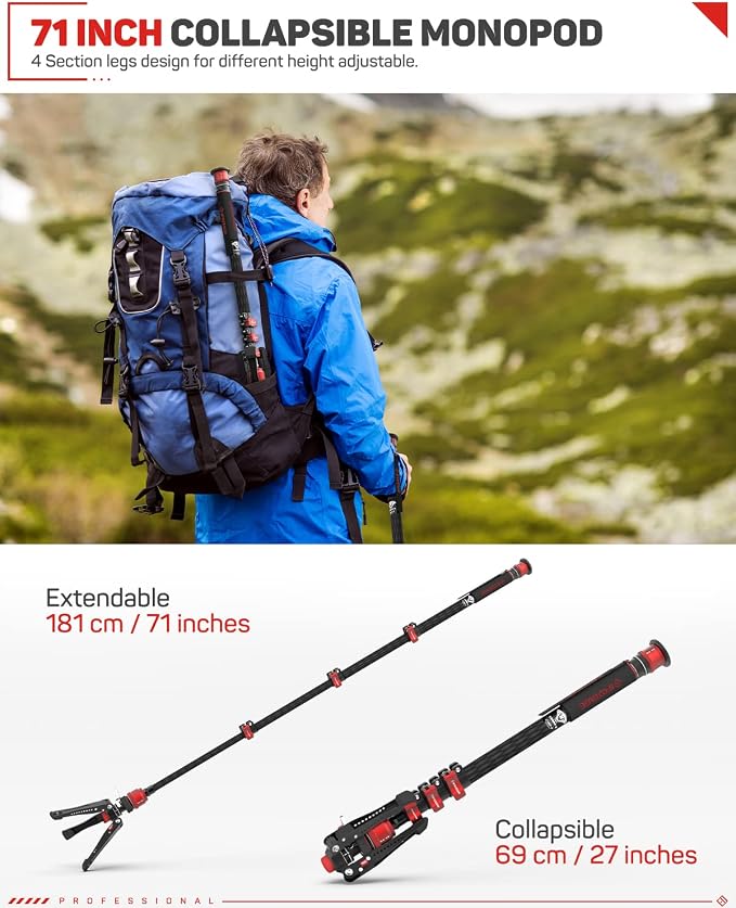 IFOOTAGE Cobra 3 C180F-P + K5S Fluid Head Carbon Fiber Monopod | Monopod with Feet for DSLR Cameras Canon Nikon Sony Olympus Panasonic, Maximum Height 71", Payload 17.64Lbs/8KG - Image 6