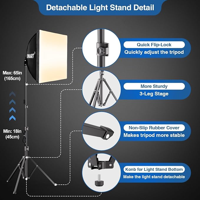 EMART Softbox Lighting Kit 85W 16"x16" Soft Box for Photography Light 1Pack | 3000K-6000K LED Bulbs with Remote, 65" Tripod, Professional Photography Lighting for Studio Lights, Portrait, Video Recording - Image 3